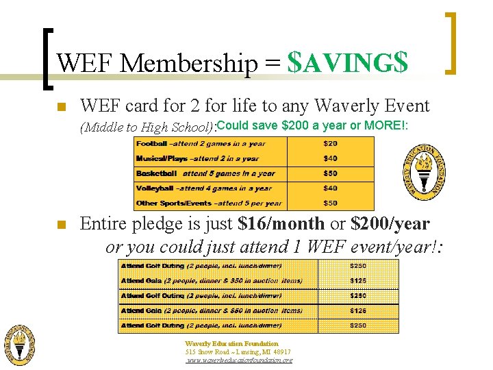 WEF Membership = $AVING$ n WEF card for 2 for life to any Waverly