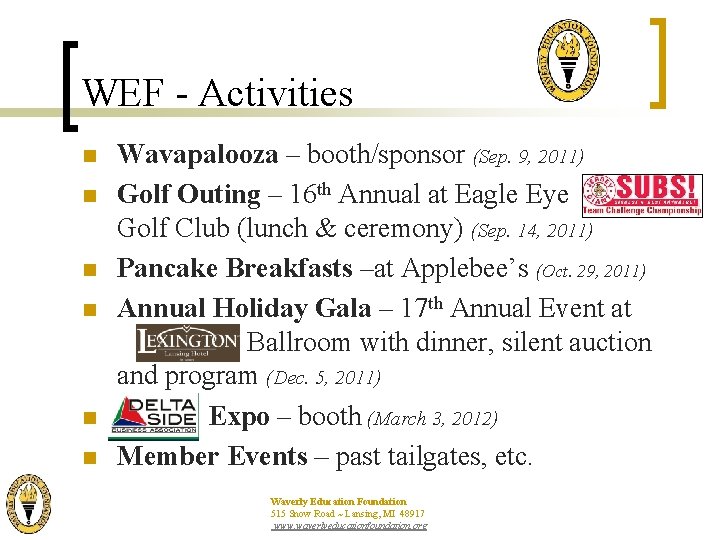 WEF - Activities n n n Wavapalooza – booth/sponsor (Sep. 9, 2011) Golf Outing