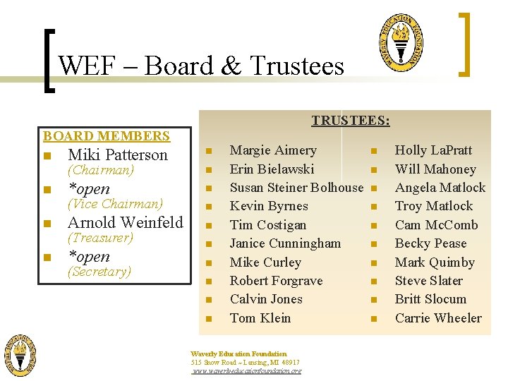 WEF – Board & Trustees TRUSTEES: BOARD MEMBERS n n Miki Patterson n (Chairman)
