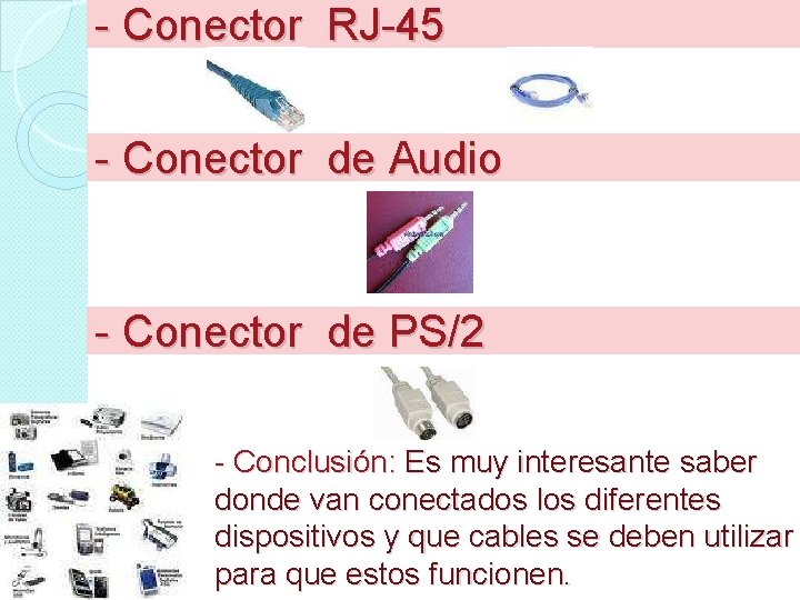 - Conector RJ-45 - Conector de Audio - Conector de PS/2 - Conclusión: Es