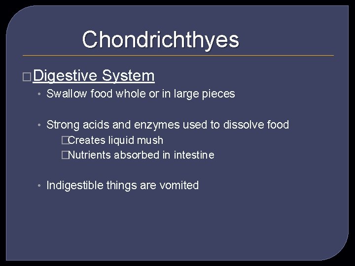 Chondrichthyes �Digestive System • Swallow food whole or in large pieces • Strong acids