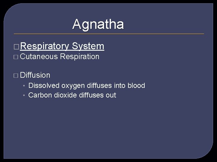 Agnatha �Respiratory � Cutaneous System Respiration � Diffusion • Dissolved oxygen diffuses into blood