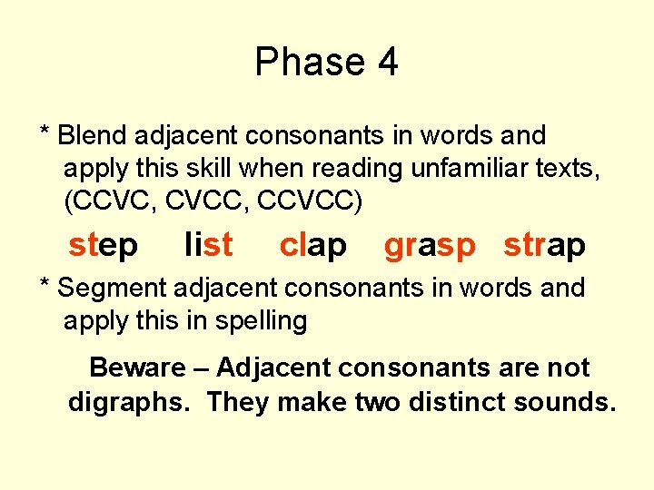 Phase 4 * Blend adjacent consonants in words and apply this skill when reading