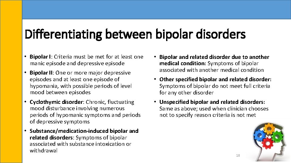 Differentiating between bipolar disorders • Bipolar I: Criteria must be met for at least