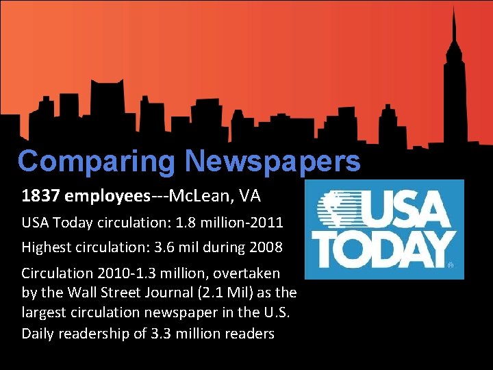 Comparing Newspapers 1837 employees---Mc. Lean, VA USA Today circulation: 1. 8 million-2011 Highest circulation: