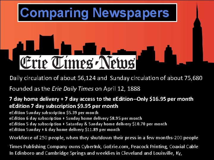 Comparing Newspapers Daily circulation of about 56, 124 and Sunday circulation of about 75,