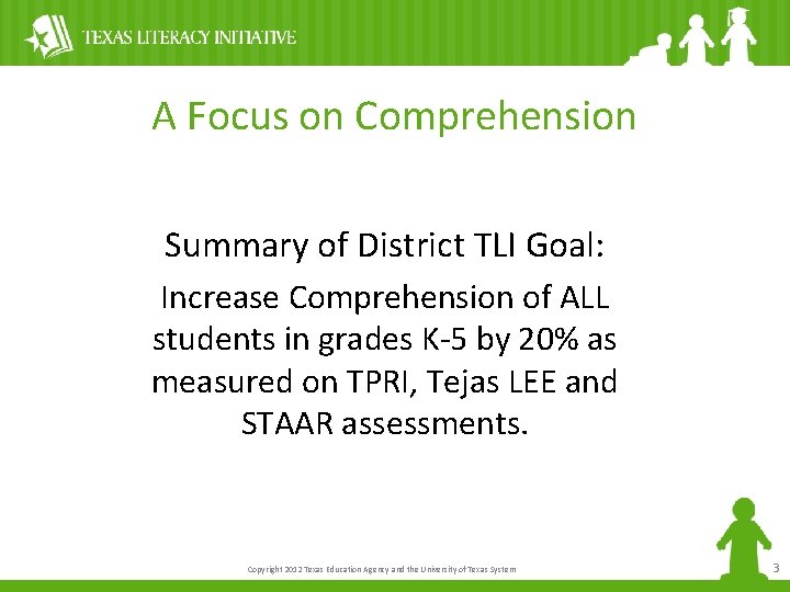 A Focus on Comprehension Summary of District TLI Goal: Increase Comprehension of ALL students