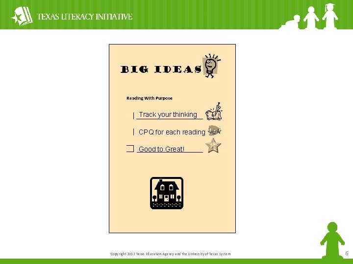Big Ideas Card Track your thinking CPQ for each reading Good to Great! Copyright