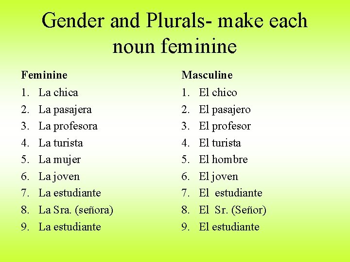 Gender and Plurals- make each noun feminine Feminine Masculine 1. 2. 3. 4. 5.