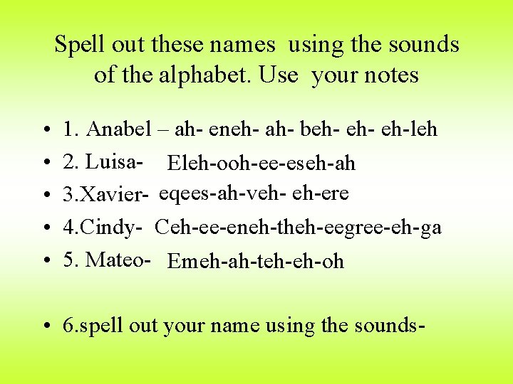 Spell out these names using the sounds of the alphabet. Use your notes •