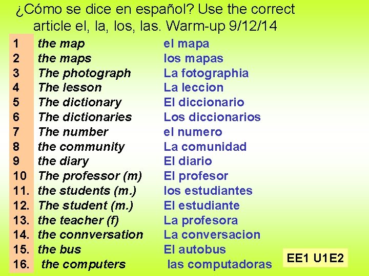 ¿Cómo se dice en español? Use the correct article el, la, los, las. Warm-up