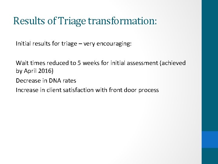 Results of Triage transformation: Initial results for triage – very encouraging: Wait times reduced Results of Triage transformation: Initial results for triage – very encouraging: Wait times reduced
