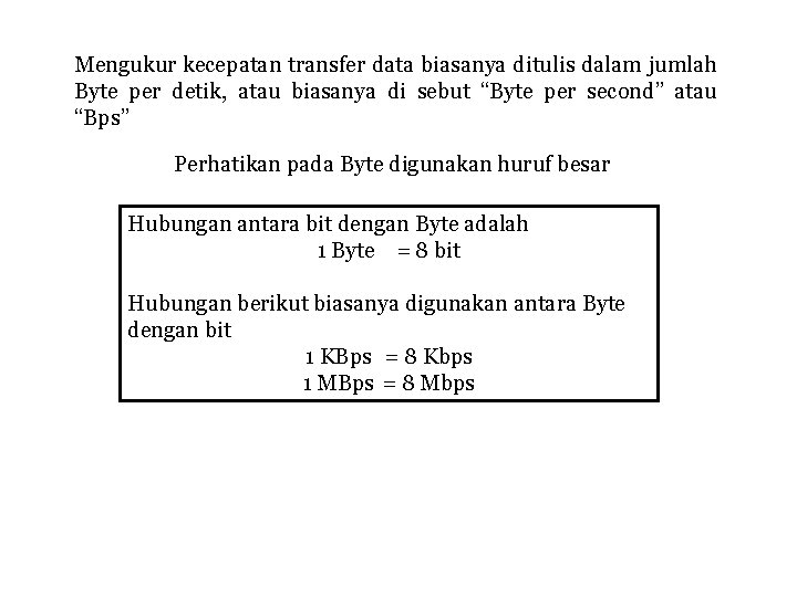 Mengukur kecepatan transfer data biasanya ditulis dalam jumlah Byte per detik, atau biasanya di