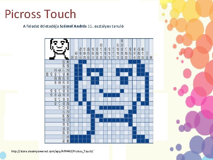 Picross Touch A feladat ötletadója Számel András 11. osztályos tanuló http: //store. steampowered. com/app/476460/Picross_Touch/