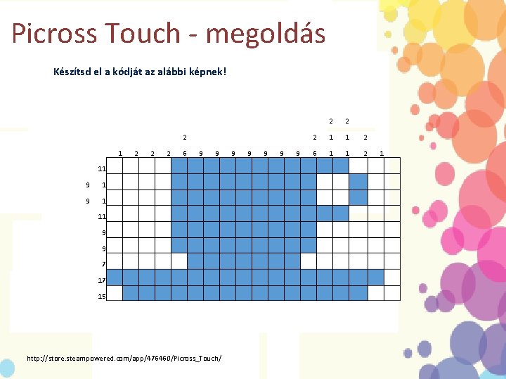 Picross Touch - megoldás Készítsd el a kódját az alábbi képnek! 2 1 2