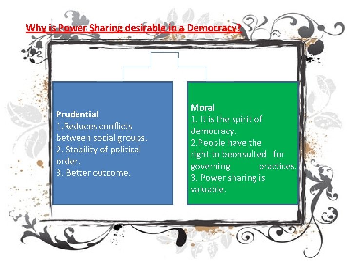 Why is Power Sharing desirable in a Democracy? Prudential 1. Reduces conflicts between social