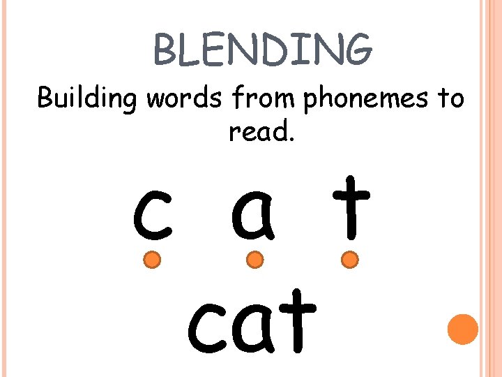 BLENDING Building words from phonemes to read. c a t cat 