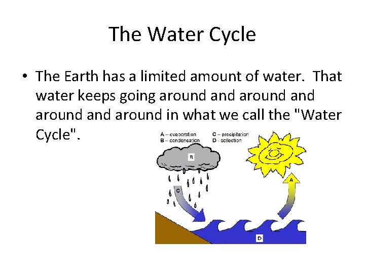 The Water Cycle • The Earth has a limited amount of water. That water