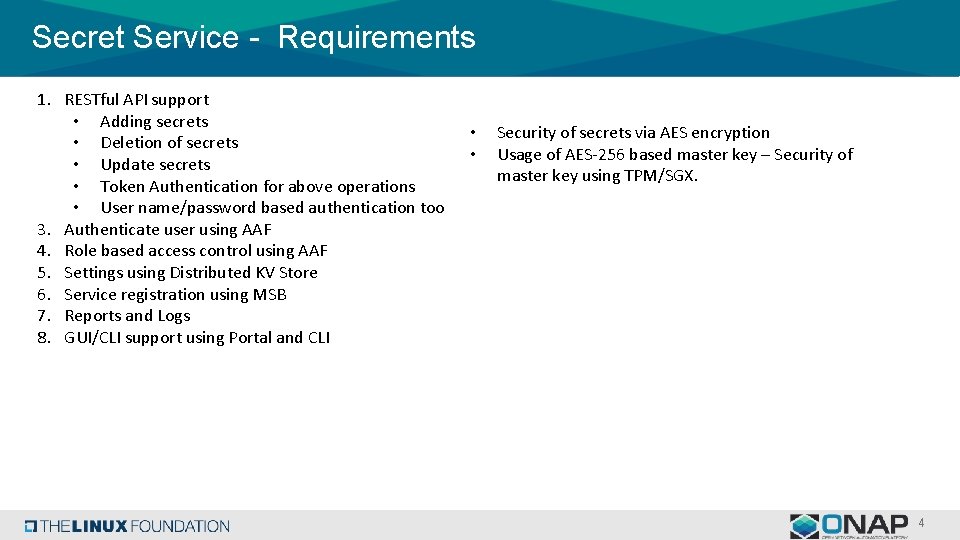 Secret Service - Requirements 1. RESTful API support • Adding secrets • Deletion of