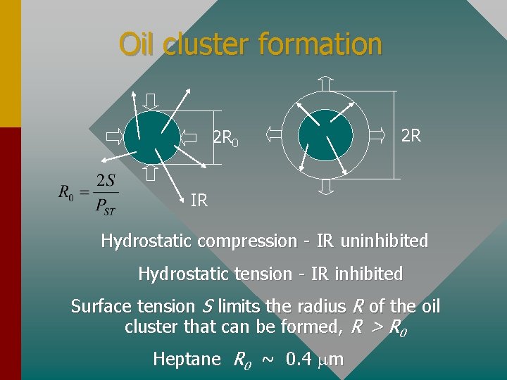 Oil cluster formation 2 R 0 2 R IR Hydrostatic compression - IR uninhibited