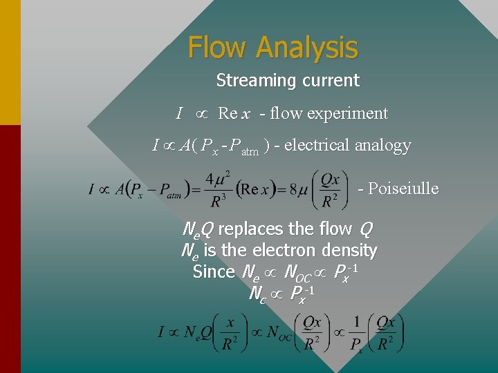 Flow Analysis Streaming current I Re x - flow experiment I A( Px -