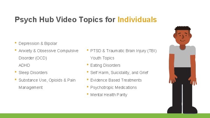 Psych Hub Video Topics for Individuals • Depression & Bipolar • Anxiety & Obsessive