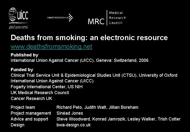 Deaths from smoking: an electronic resource www. deathsfromsmoking. net Published by International Union Against