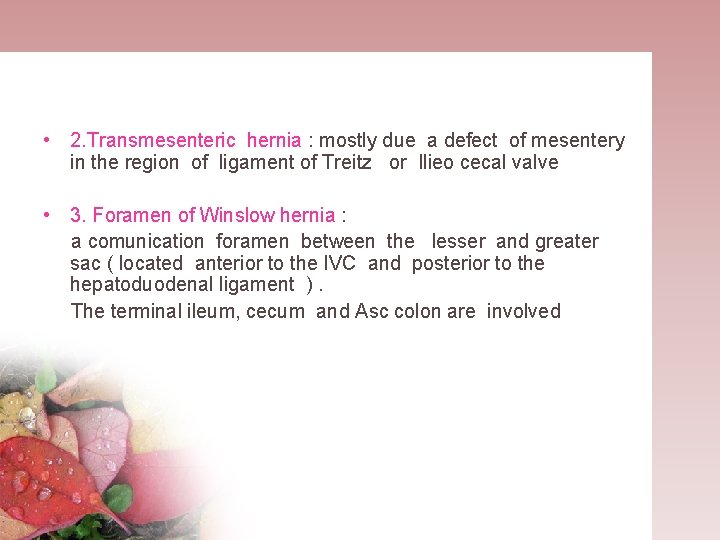  • 2. Transmesenteric hernia : mostly due a defect of mesentery in the