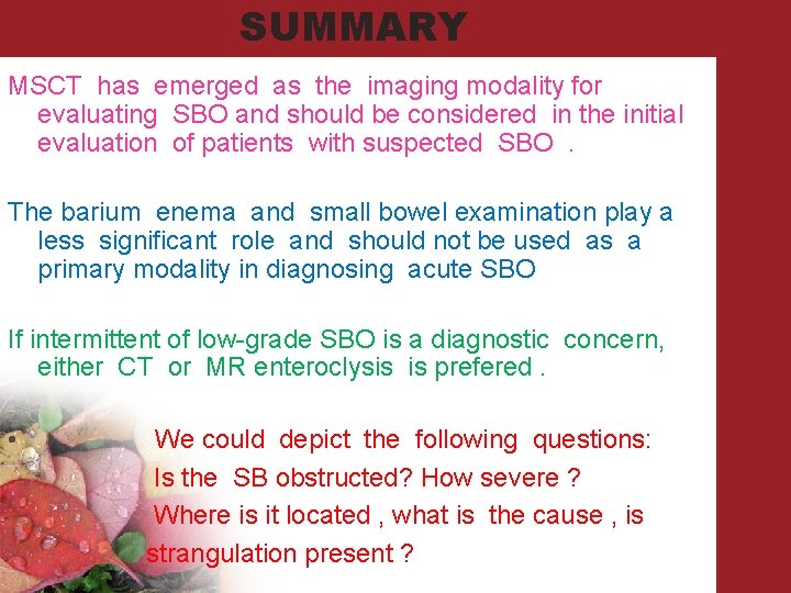 SUMMARY MSCT has emerged as the imaging modality for evaluating SBO and should be