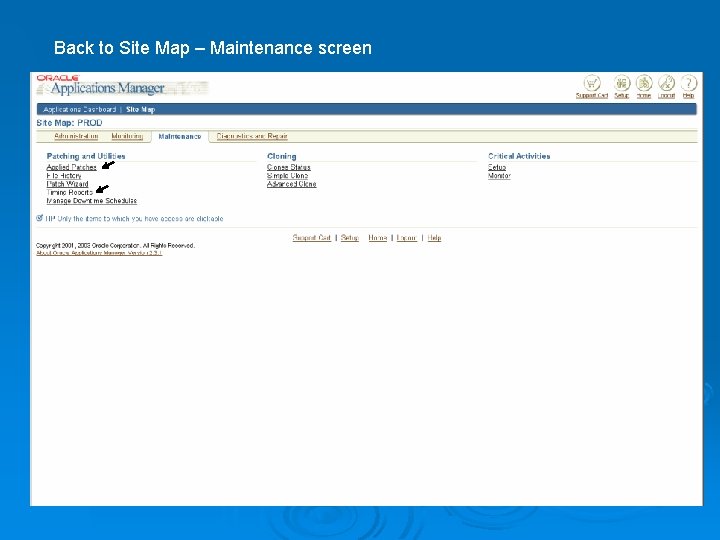 Back to Site Map – Maintenance screen 