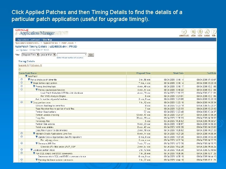 Click Applied Patches and then Timing Details to find the details of a particular