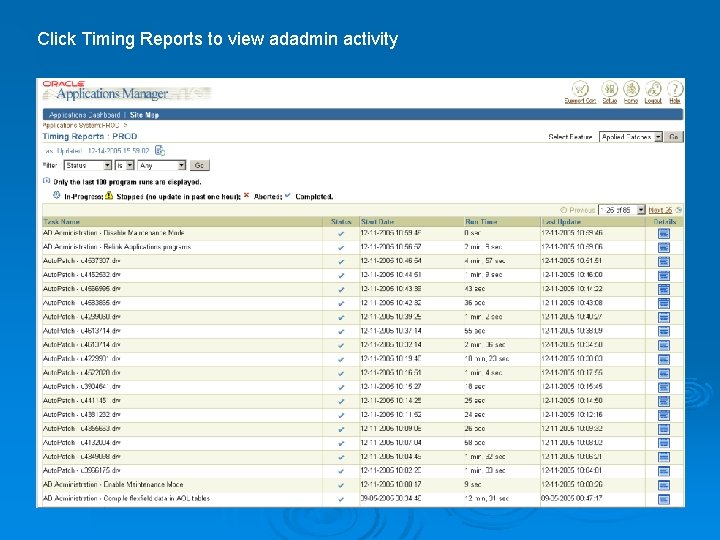 Click Timing Reports to view adadmin activity 