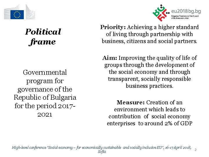 Political frame Governmental program for governance of the Republic of Bulgaria for the period