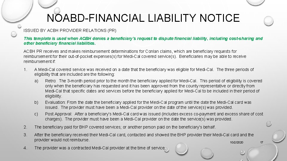 NOABD-FINANCIAL LIABILITY NOTICE ISSUED BY ACBH PROVIDER RELATIONS (PR) This template is used when