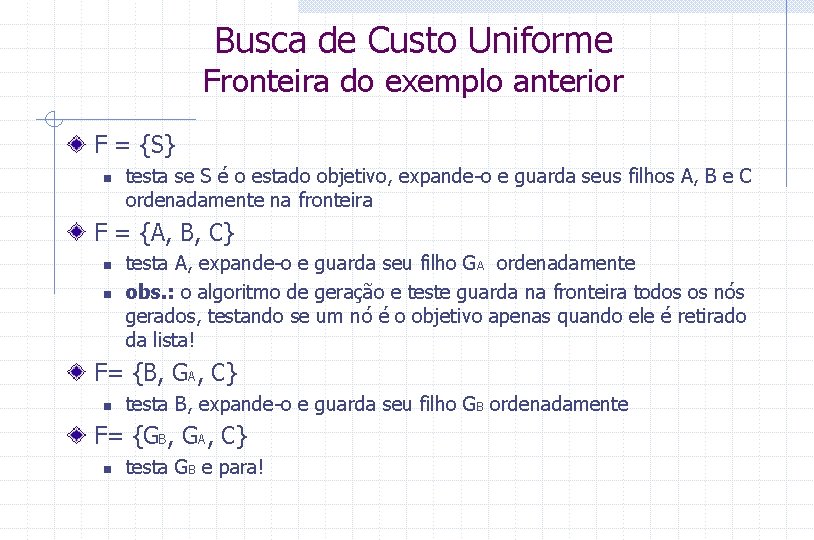 Busca de Custo Uniforme Fronteira do exemplo anterior F = {S} n testa se