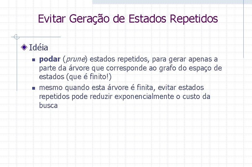 Evitar Geração de Estados Repetidos Idéia n n podar (prune) estados repetidos, para gerar