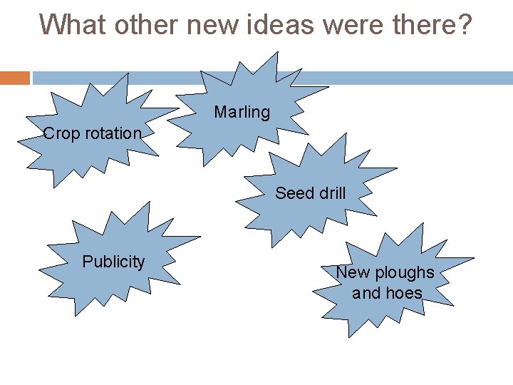 What other new ideas were there? Marling Crop rotation Seed drill Publicity New ploughs