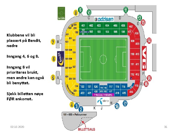Klubbene vil bli plassert på Bendit, nedre Inngang 4, 6 og 8. Inngang 8
