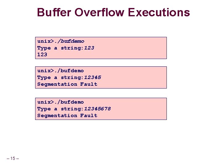 Buffer Overflow Executions unix>. /bufdemo Type a string: 12345 Segmentation Fault unix>. /bufdemo Type