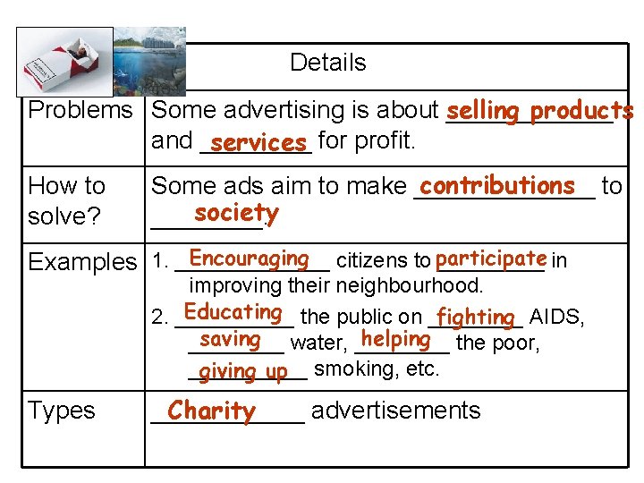 ④ Details Problems Some advertising is about ______ selling products and ____ services for