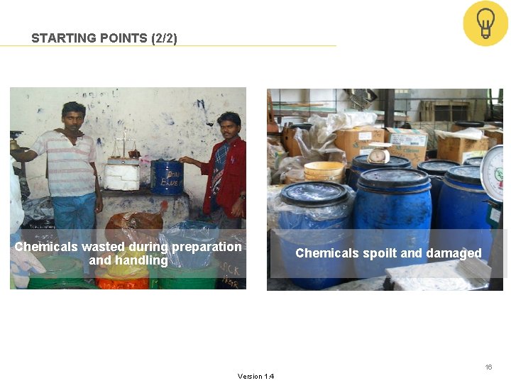 STARTING POINTS (2/2) Chemicals wasted during preparation and handling Chemicals spoilt and damaged 16 STARTING POINTS (2/2) Chemicals wasted during preparation and handling Chemicals spoilt and damaged 16