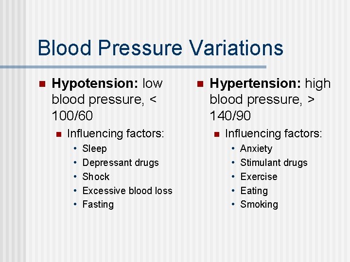 Blood Pressure Variations n Hypotension: low blood pressure, < 100/60 n Influencing factors: • Blood Pressure Variations n Hypotension: low blood pressure, < 100/60 n Influencing factors: •