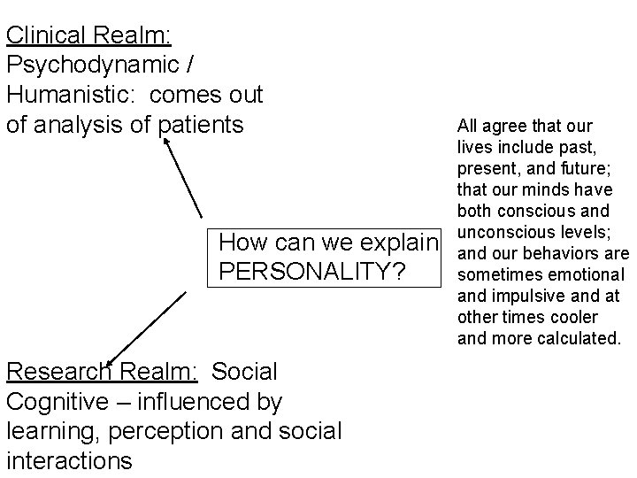 Clinical Realm: Psychodynamic / Humanistic: comes out of analysis of patients How can we