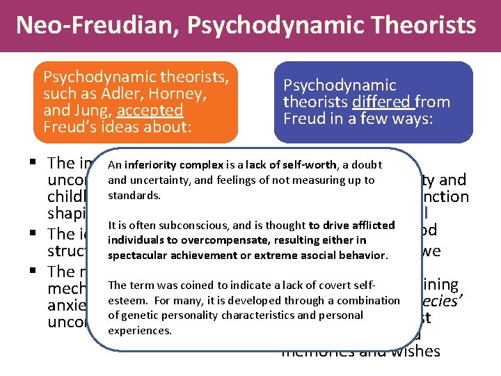 Neo-Freudian, Psychodynamic Theorists Psychodynamic theorists, such as Adler, Horney, and Jung, accepted Freud’s ideas