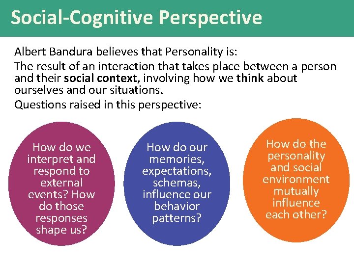 Social-Cognitive Perspective Albert Bandura believes that Personality is: The result of an interaction that