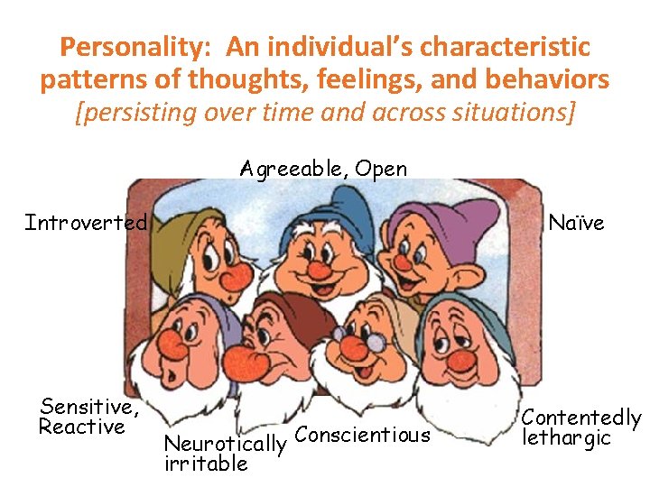 Personality: An individual’s characteristic patterns of thoughts, feelings, and behaviors [persisting over time and