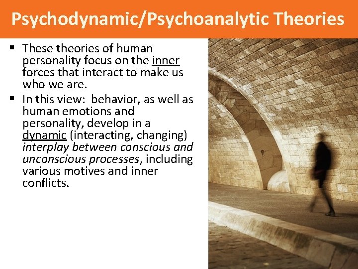 Psychodynamic/Psychoanalytic Theories § These theories of human personality focus on the inner forces that