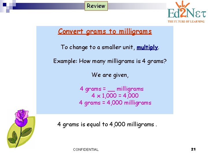 Review Convert grams to milligrams To change to a smaller unit, multiply. Example: How