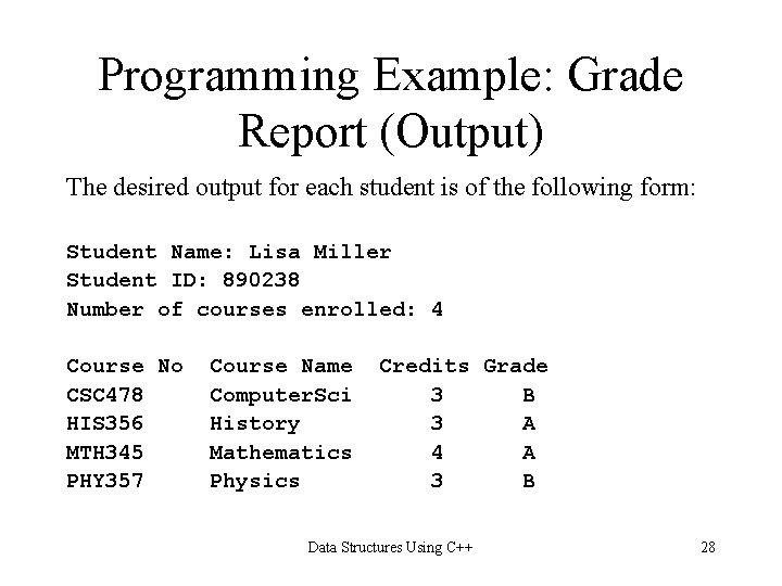 Programming Example: Grade Report (Output) The desired output for each student is of the