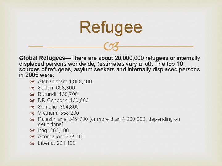 Refugee Global Refugees—There about 20, 000 refugees or internally displaced persons worldwide, (estimates vary